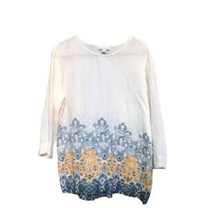 J. Jill Shirt Patterned Cotton Gauze White Meditation Top Crop Sleeve S